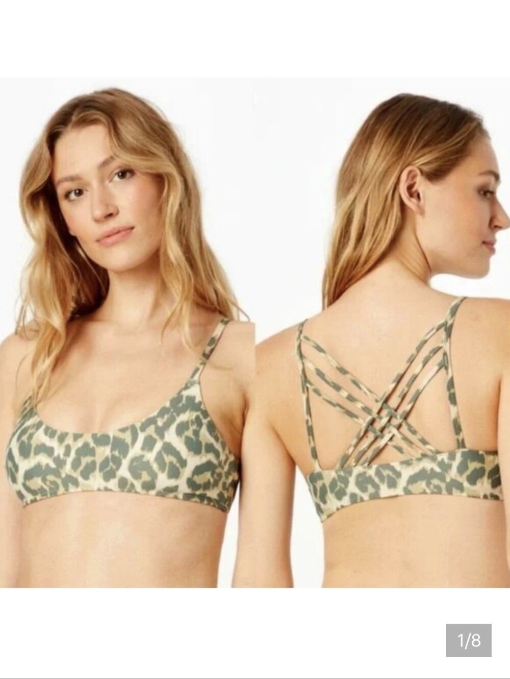 AERIE scoop Leopard Bikini Top S Army Green Animal Print Strappy Swimwear